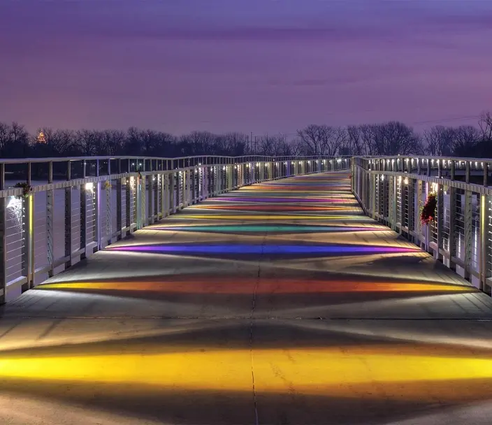 Grey's Lake Des Moines Iowa Bridge, lit up at nighttime